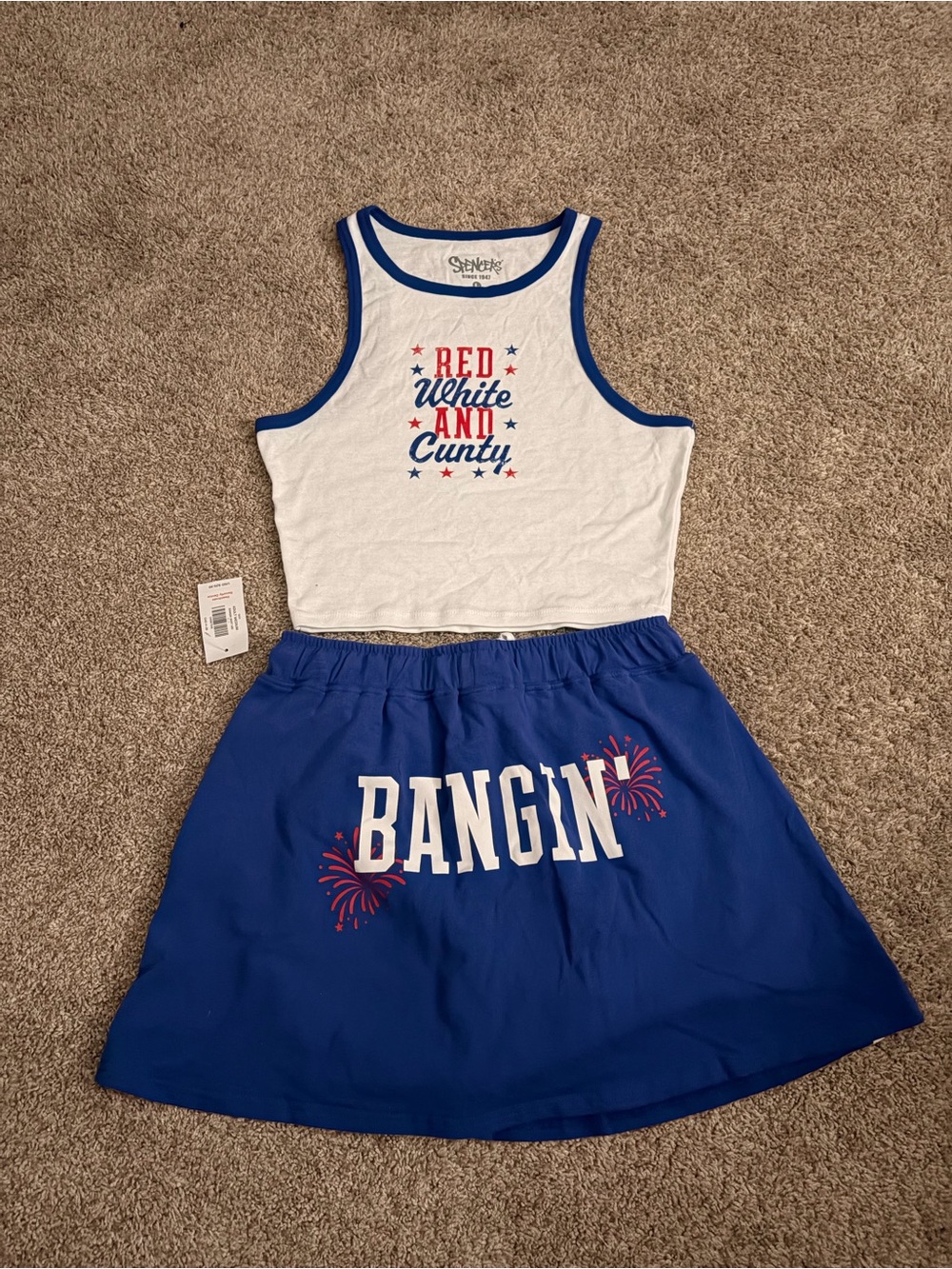Spencer's White & Blue 'Red White And cunty' Tank with Blue 'BANGIN' Skirt